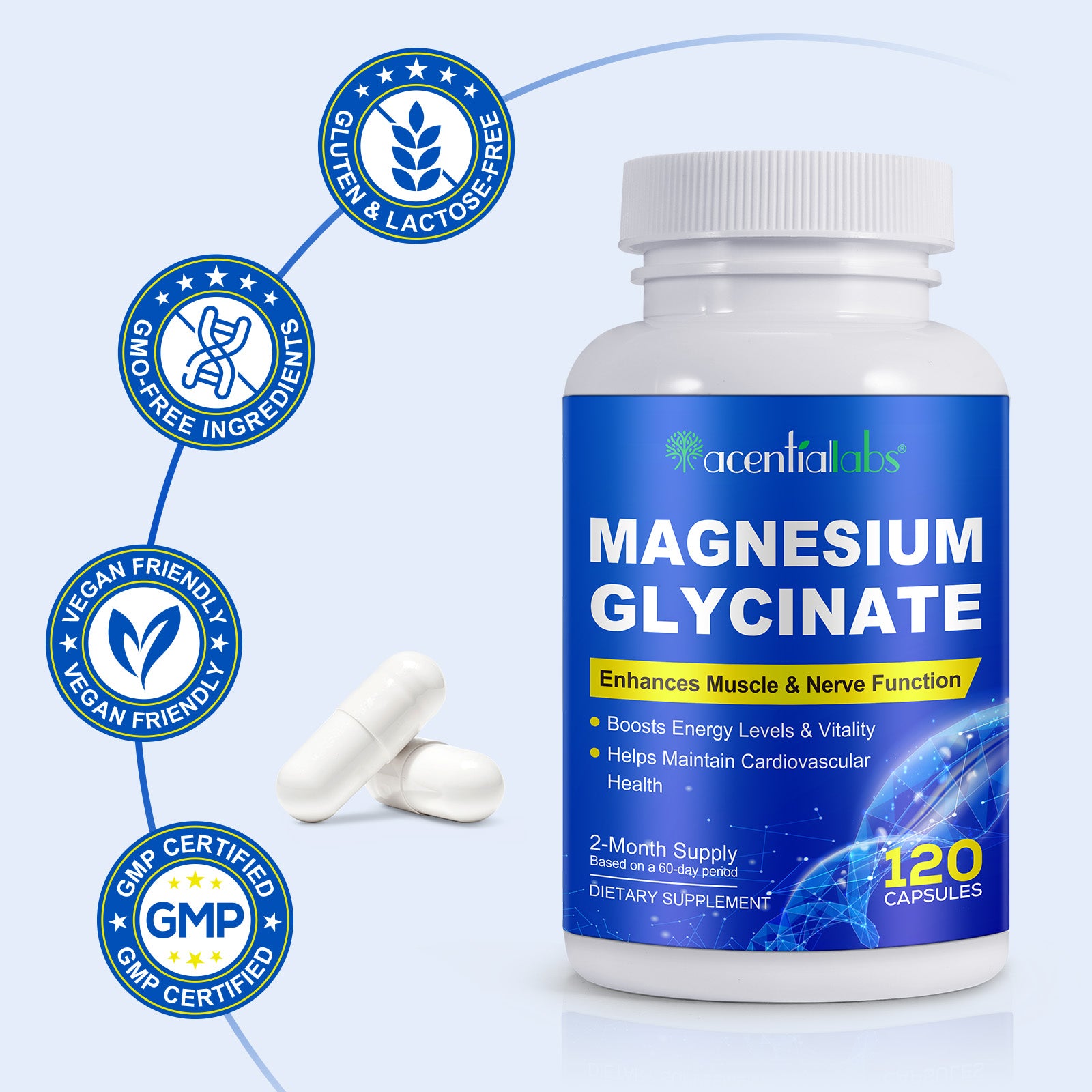 acentiallabs MAGNESIUM GLYCINATE Enhances Muscle & Nerve Function 120 CAPSULES Bottled Capsules