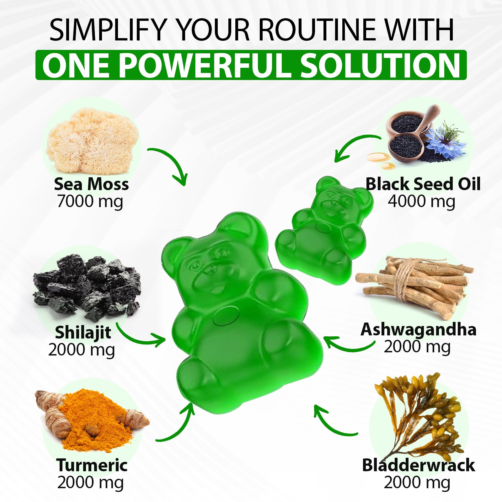 acentiallabs SEA MOSS BLACK SEED OIL ASHWAGANDHA SHILAJIT+ GINGER,17590MG,60 GUMMIES Bottled Gummies