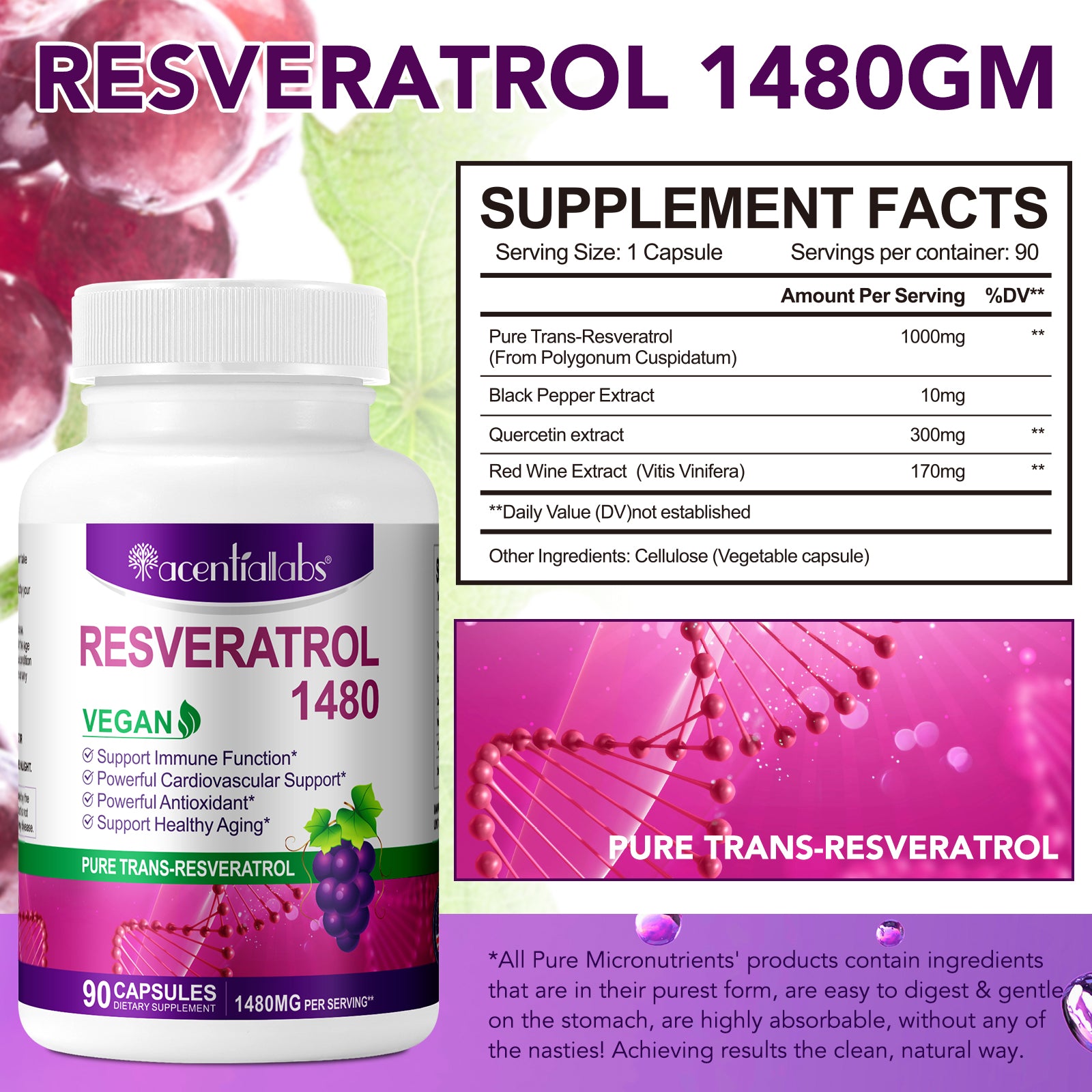 acentiallabs RESVERATROL 1480,PURE TRANS-RESVERATROL,90 CAPSULES Bottled Capsules