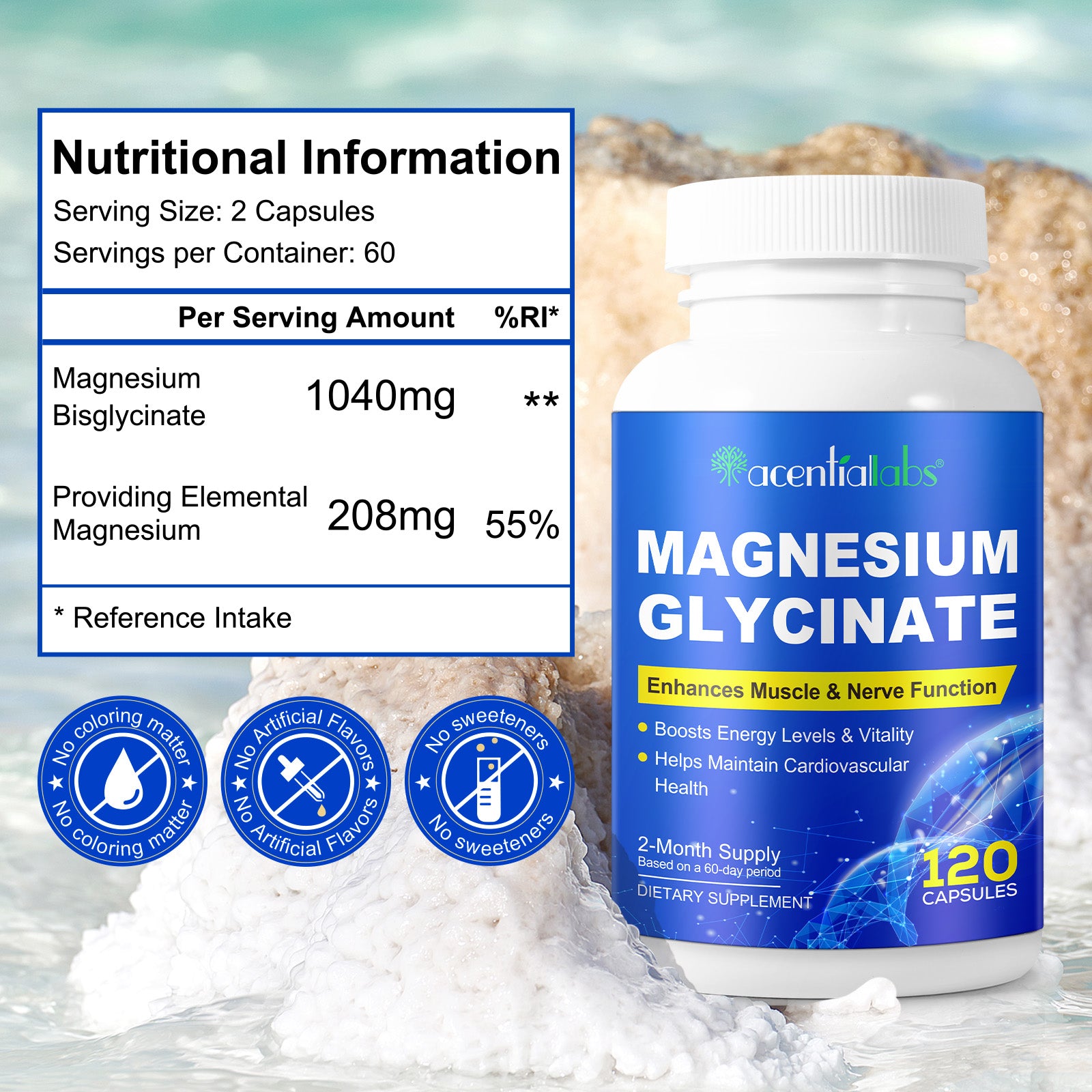 acentiallabs MAGNESIUM GLYCINATE Enhances Muscle & Nerve Function 120 CAPSULES Bottled Capsules