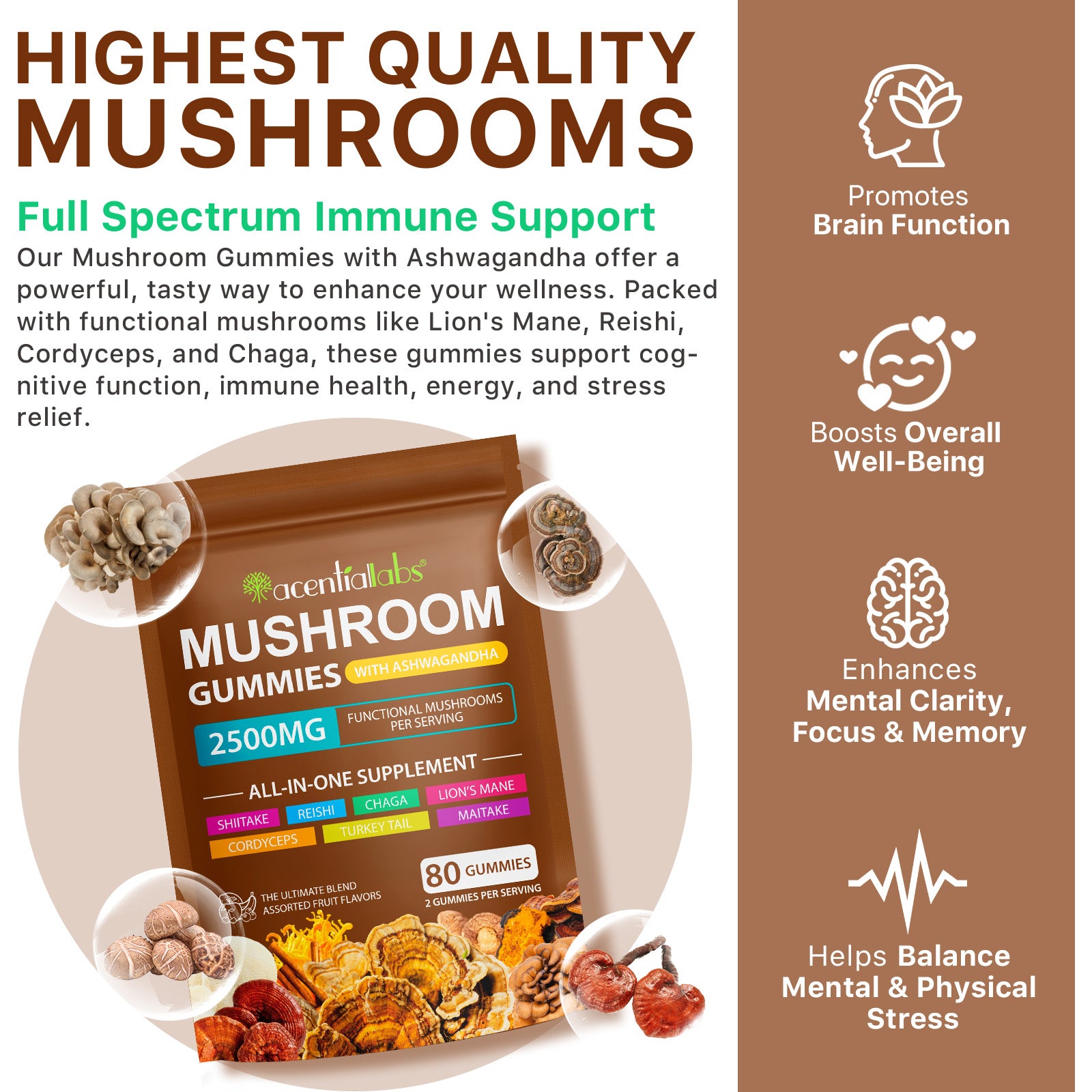acentiallabs MUSHROOM GUMMIES WITH ASHWAGANDHA 2500MG FUNCTIONAL MUSHROOM SPER SERVING Bagged Gummies