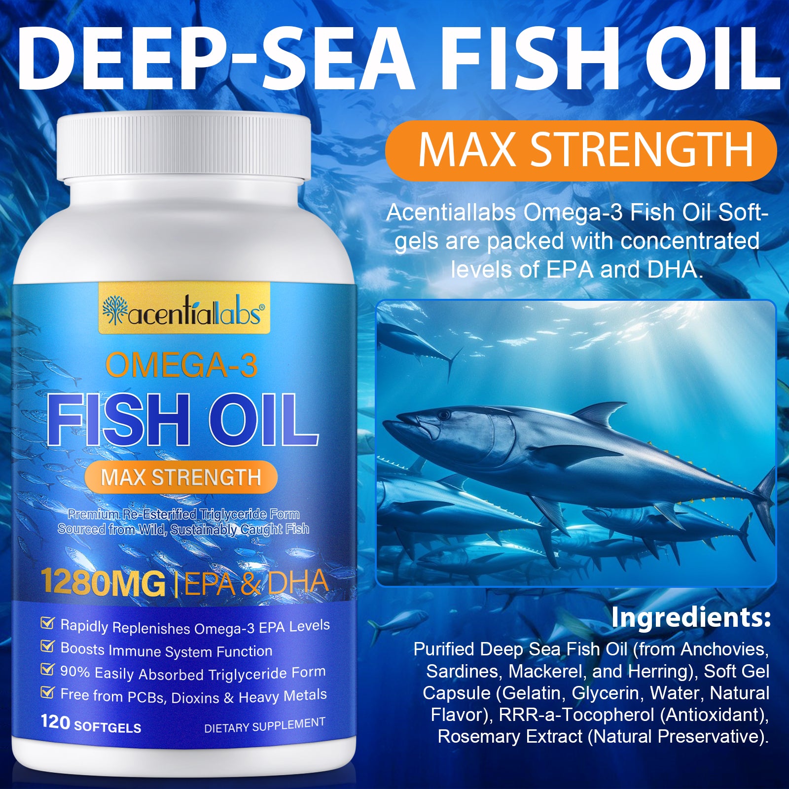 acentiallabs OMEGA-3 FISH OIL MAX STRENGTH 1280MG TEPA & DHA 120 SOFTGELS Bottled Capsules