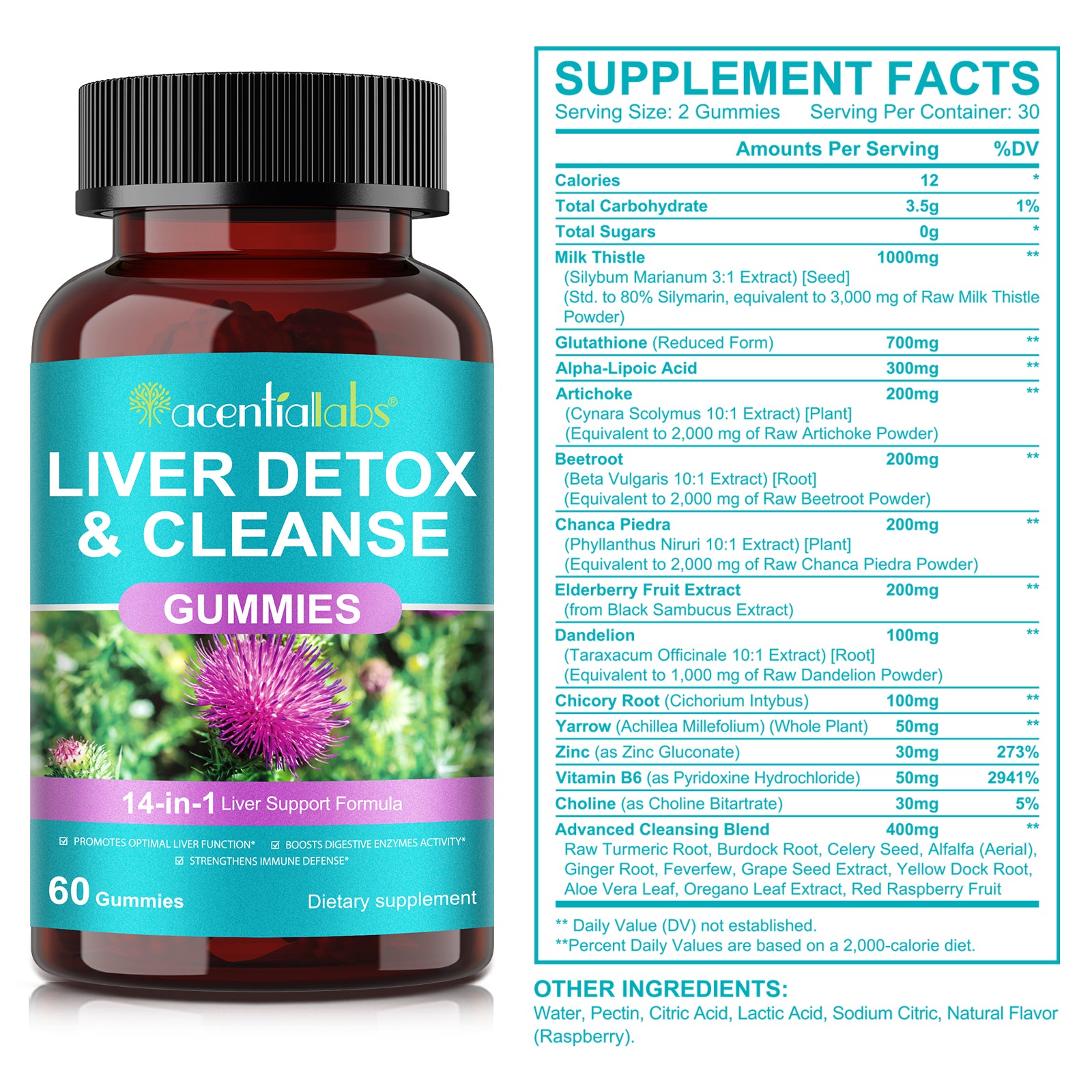 acentiallabs LIVER DETOX & CLEANSE GUMMIES 14-in-1 Liver Support Formula 60 Gummies Bottled Gummies