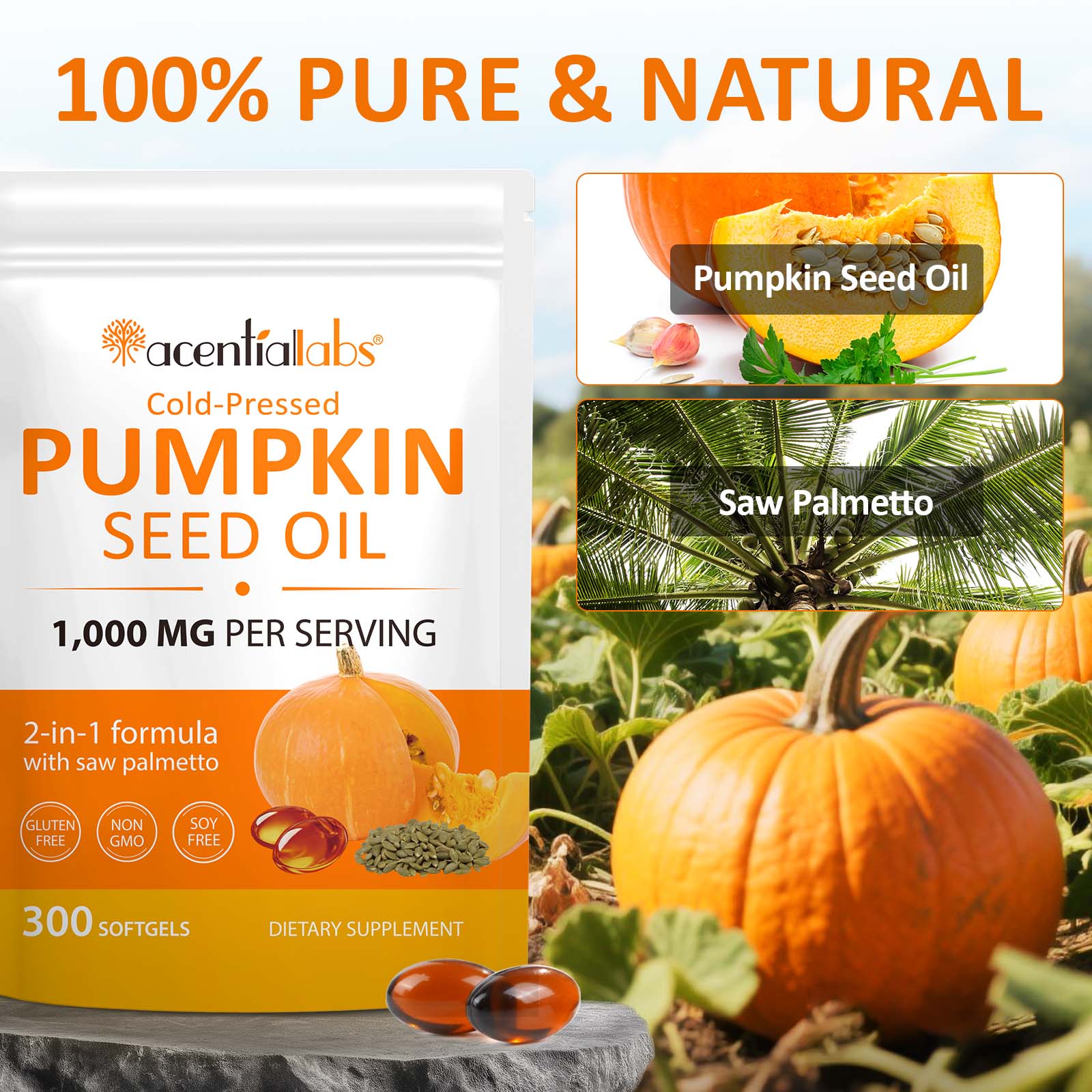 acentiallabs Cold-Pressed PUMPKIN SEED OIL 1,000 MG PER SERVING 300 SOFTGELS Bagged Capsules