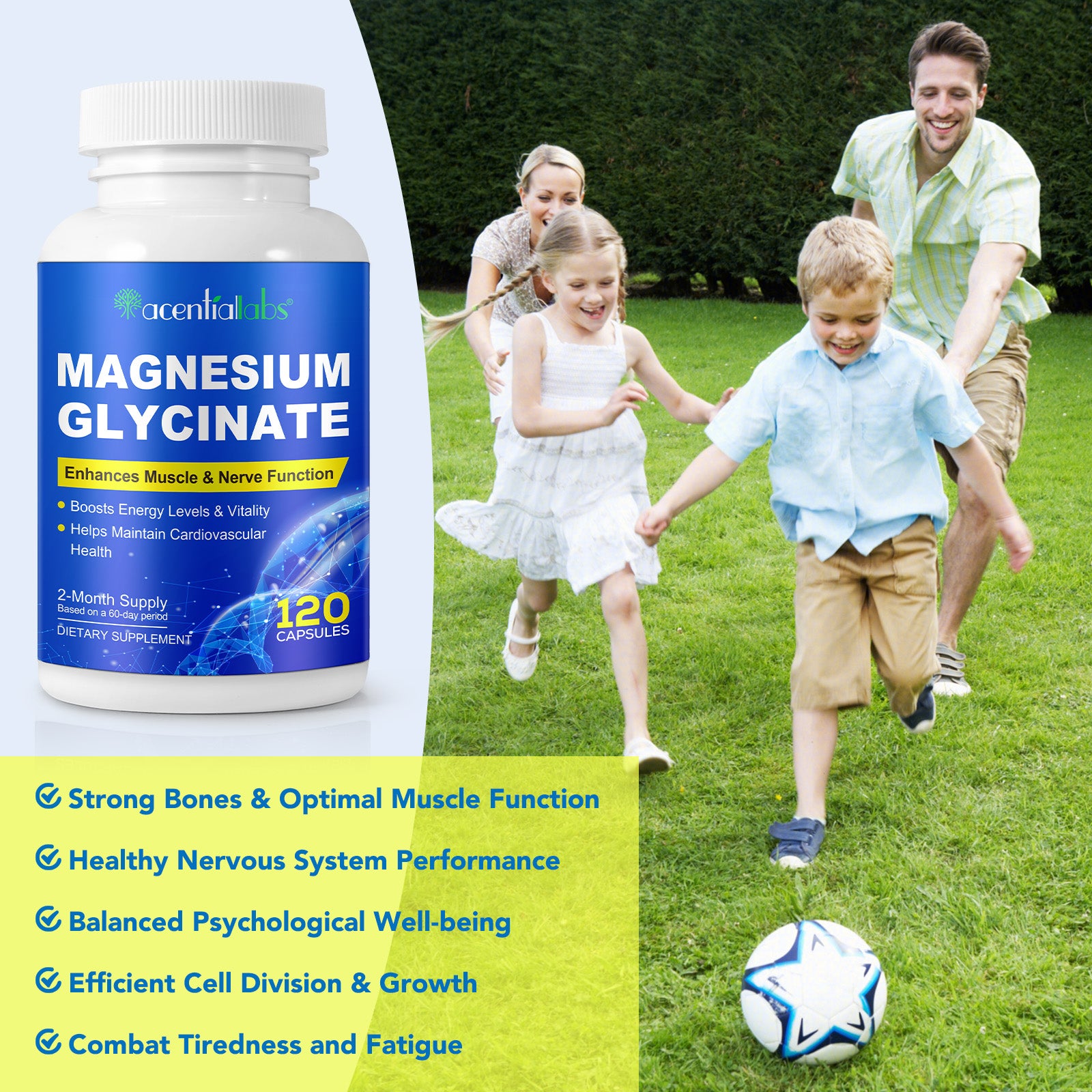 acentiallabs MAGNESIUM GLYCINATE Enhances Muscle & Nerve Function 120 CAPSULES Bottled Capsules