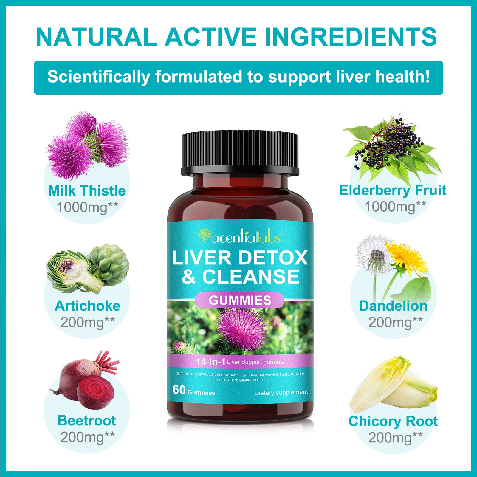 acentiallabs LIVER DETOX & CLEANSE GUMMIES 14-in-1 Liver Support Formula 60 Gummies Bottled Gummies