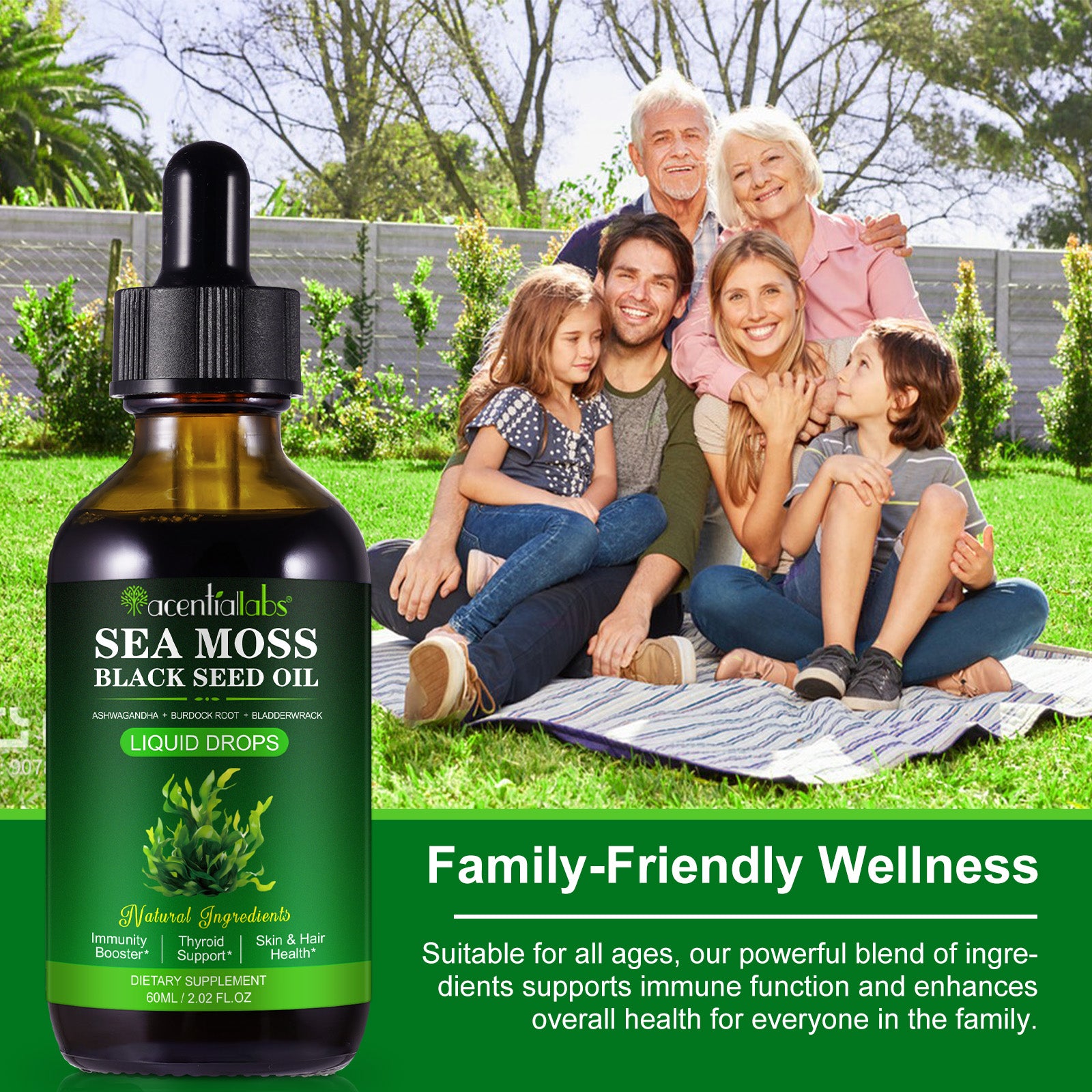 acentiallabs SEA MOSS BLACK SEED OIL,A SHWAGANDHA BURDOCK ROOT BLADDERWRACK,LIQUID DROPS,60ML Liquid Drops