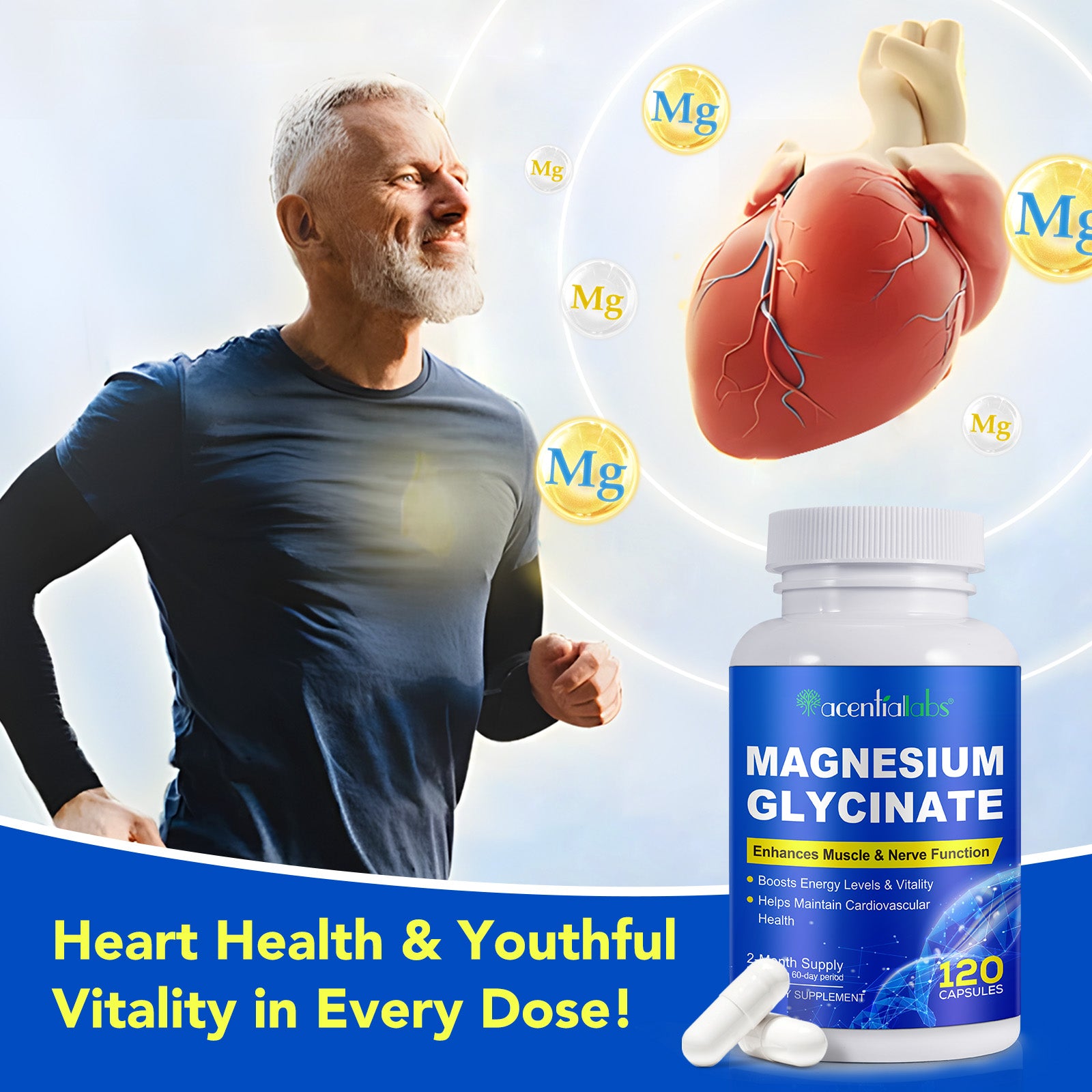 acentiallabs MAGNESIUM GLYCINATE Enhances Muscle & Nerve Function 120 CAPSULES Bottled Capsules