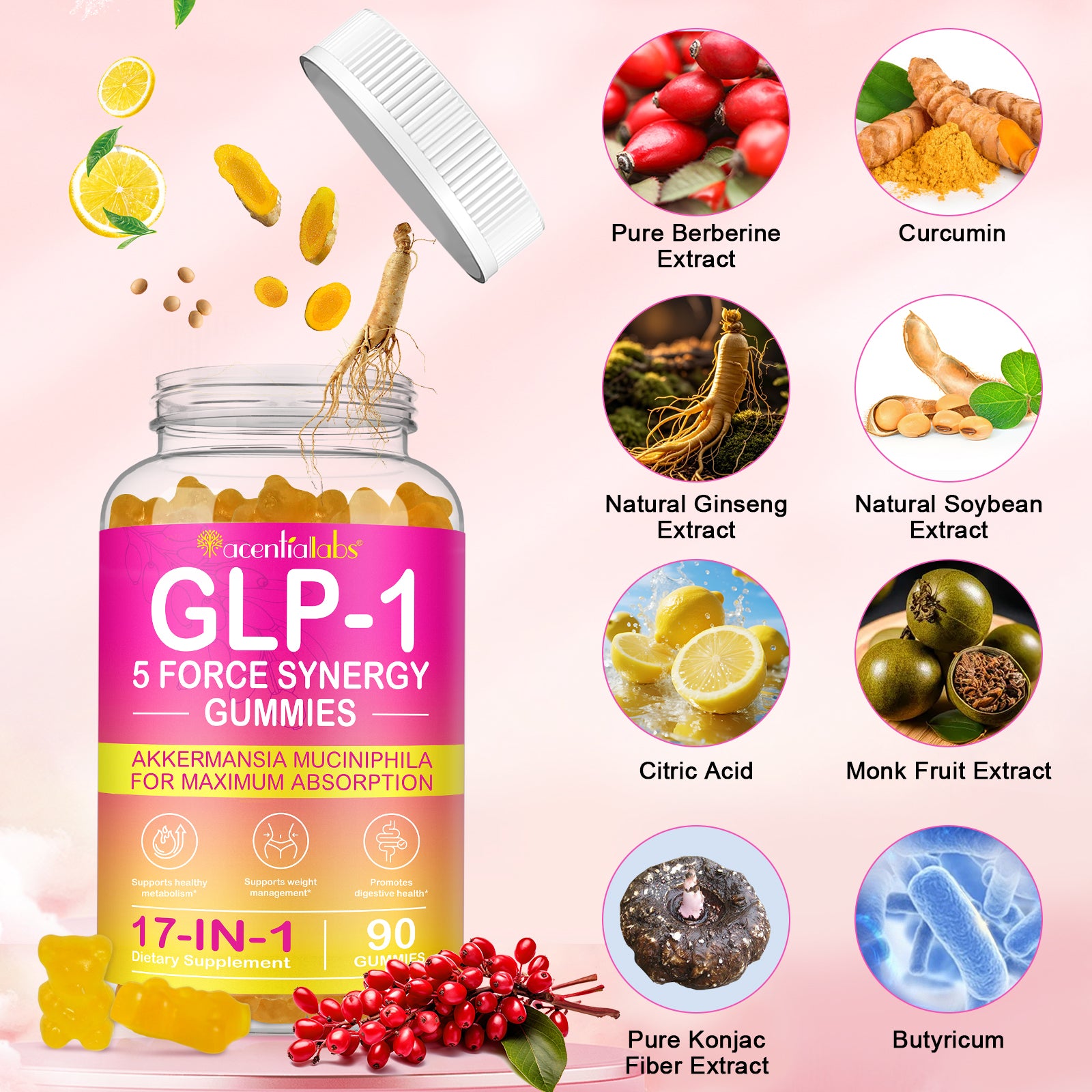 acentiallabs GLP-1  5 FORCE SYNERGY GUMMIES AKKERMANSIA MUCINIPHILA FOR MAXIMUM ABSORPTION Bottled Gummies