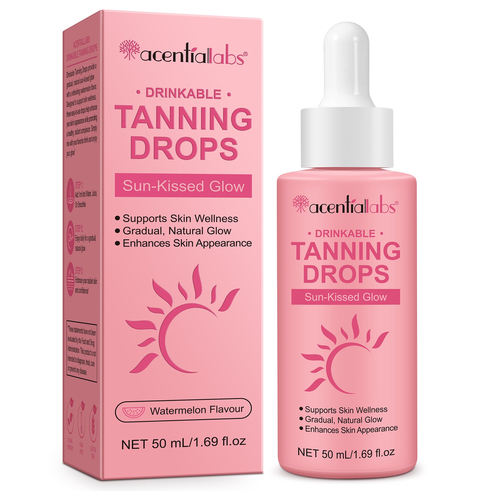 acentiallabs DRINKABLE TANNING DROPS Sun-Kissed Glow Watermelon Flavour 50ml Liquid Drops