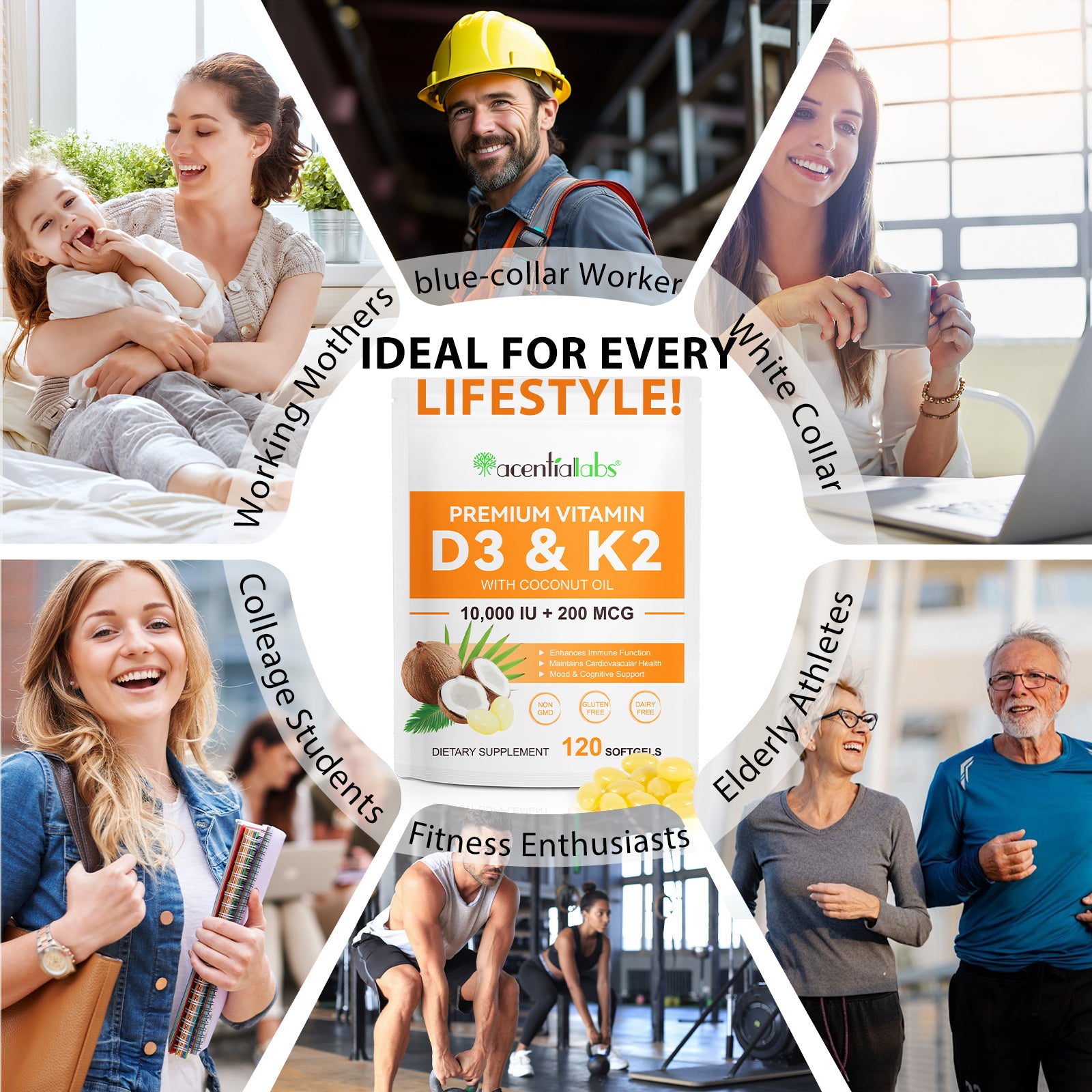 acentiallabs PREMIUM VITAMIN D3 & K2 WITH COCONUT OIL Bagged Capsules