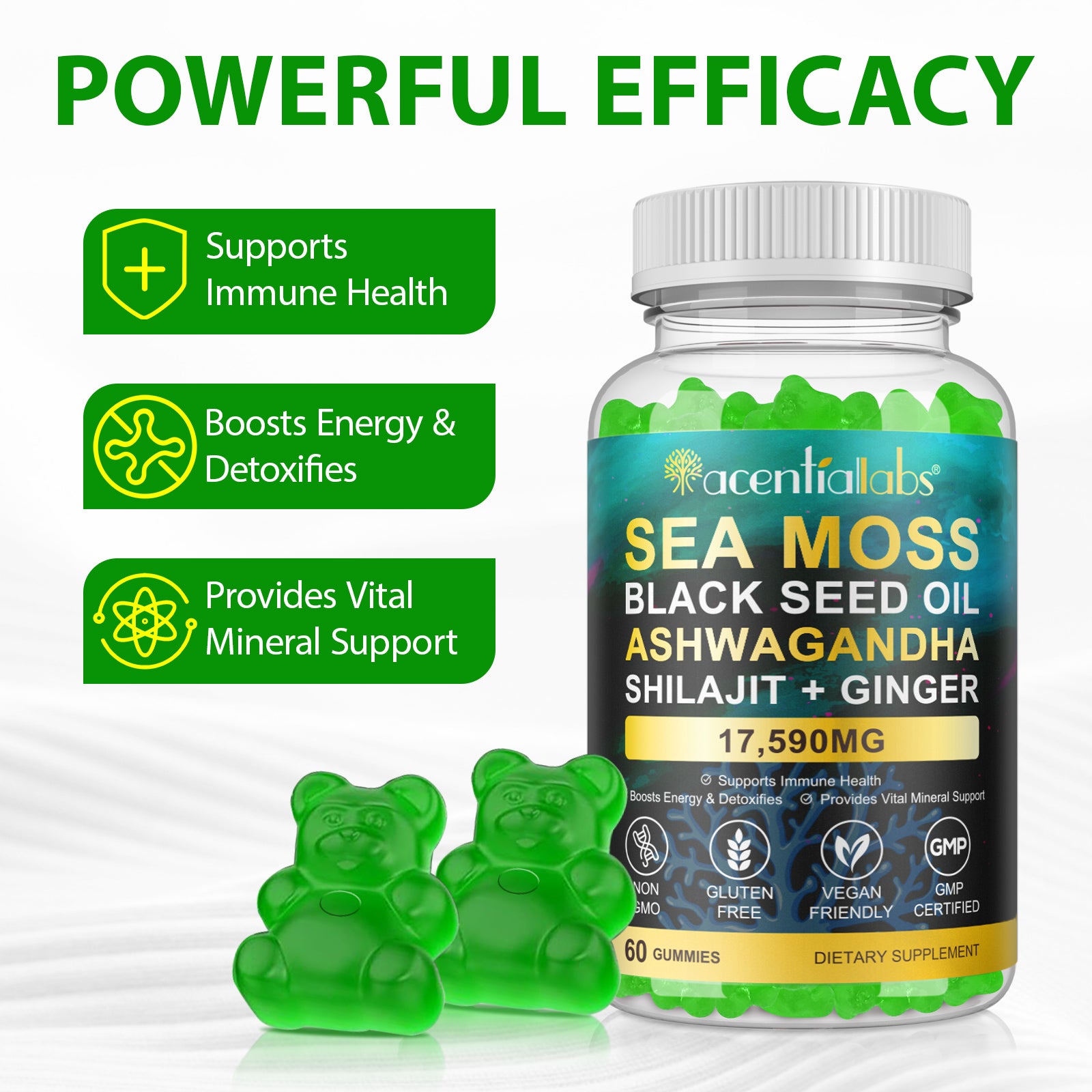acentiallabs SEA MOSS BLACK SEED OIL ASHWAGANDHA SHILAJIT+ GINGER,17590MG,60 GUMMIES Bottled Gummies