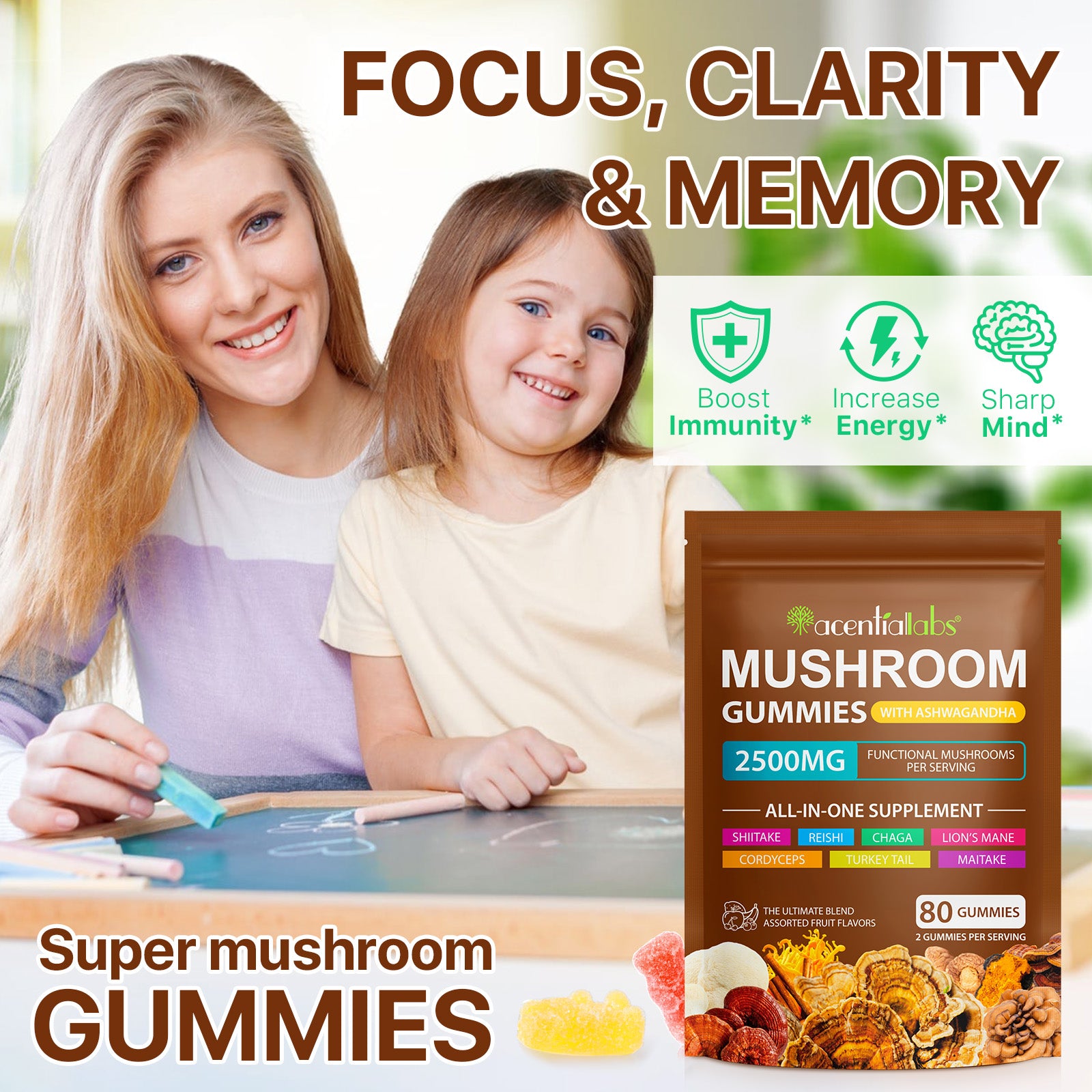 acentiallabs MUSHROOM GUMMIES WITH ASHWAGANDHA 2500MG FUNCTIONAL MUSHROOM SPER SERVING Bagged Gummies