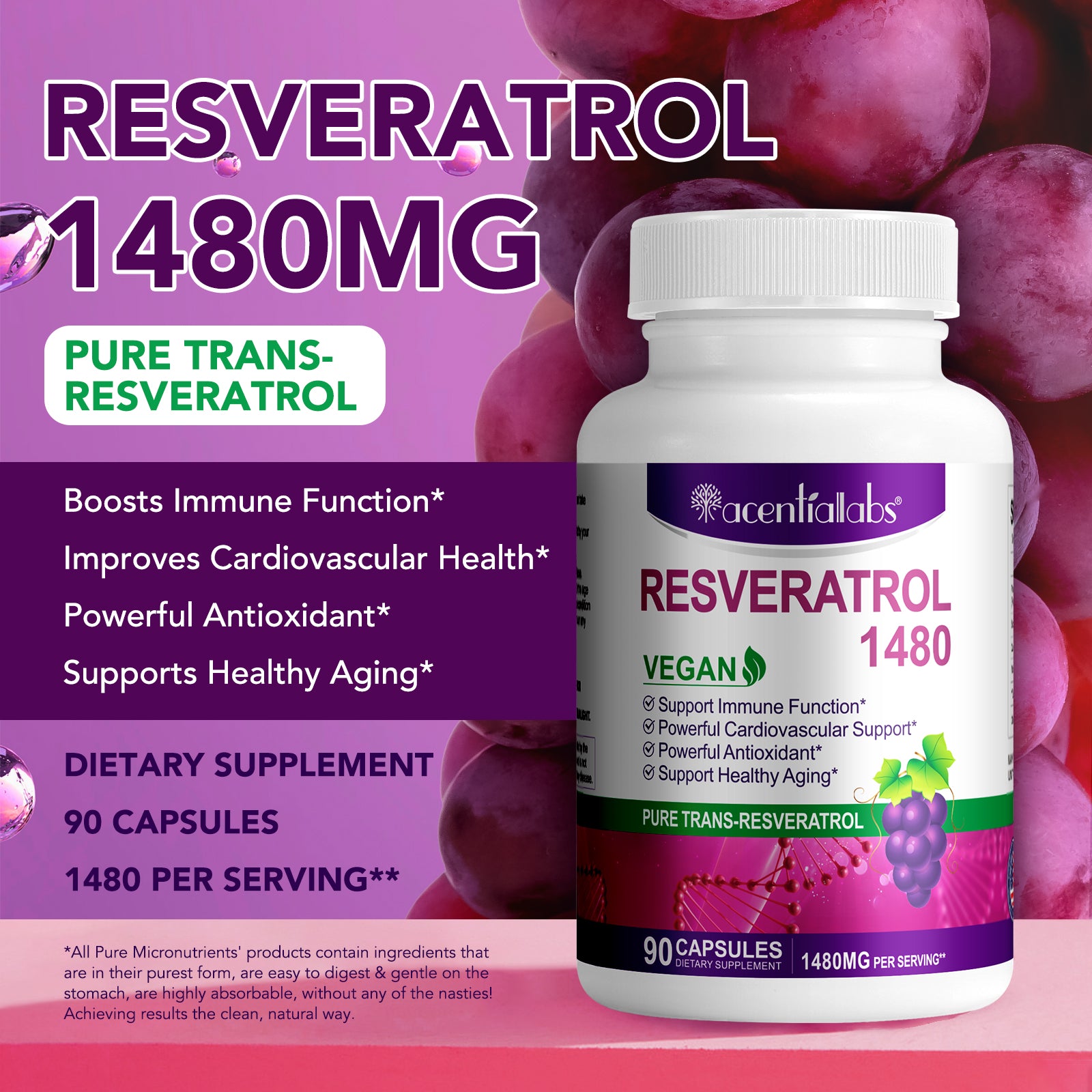 acentiallabs RESVERATROL 1480,PURE TRANS-RESVERATROL,90 CAPSULES Bottled Capsules