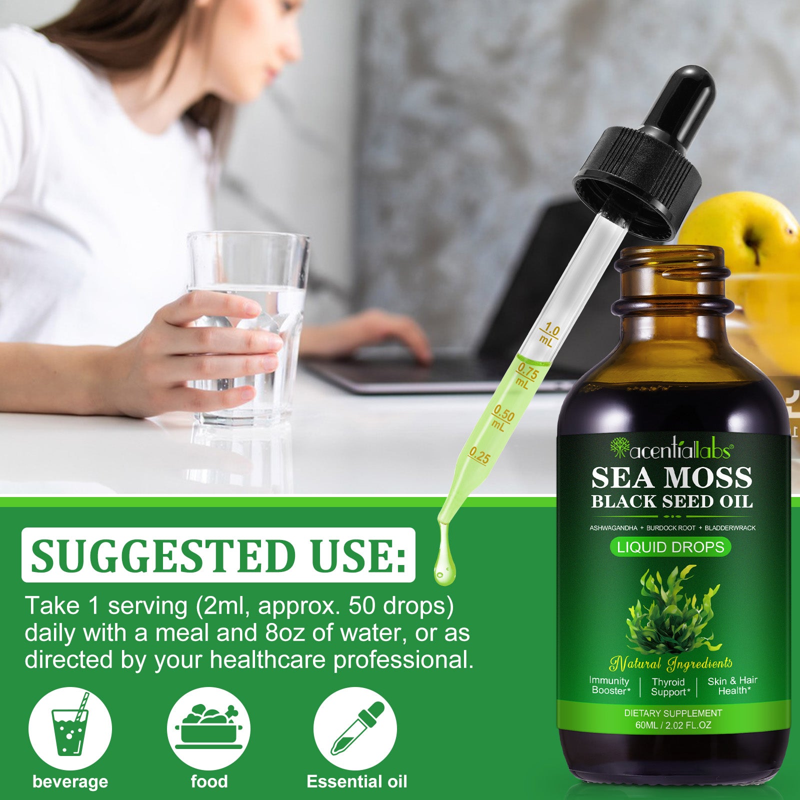 acentiallabs SEA MOSS BLACK SEED OIL,A SHWAGANDHA BURDOCK ROOT BLADDERWRACK,LIQUID DROPS,60ML Liquid Drops