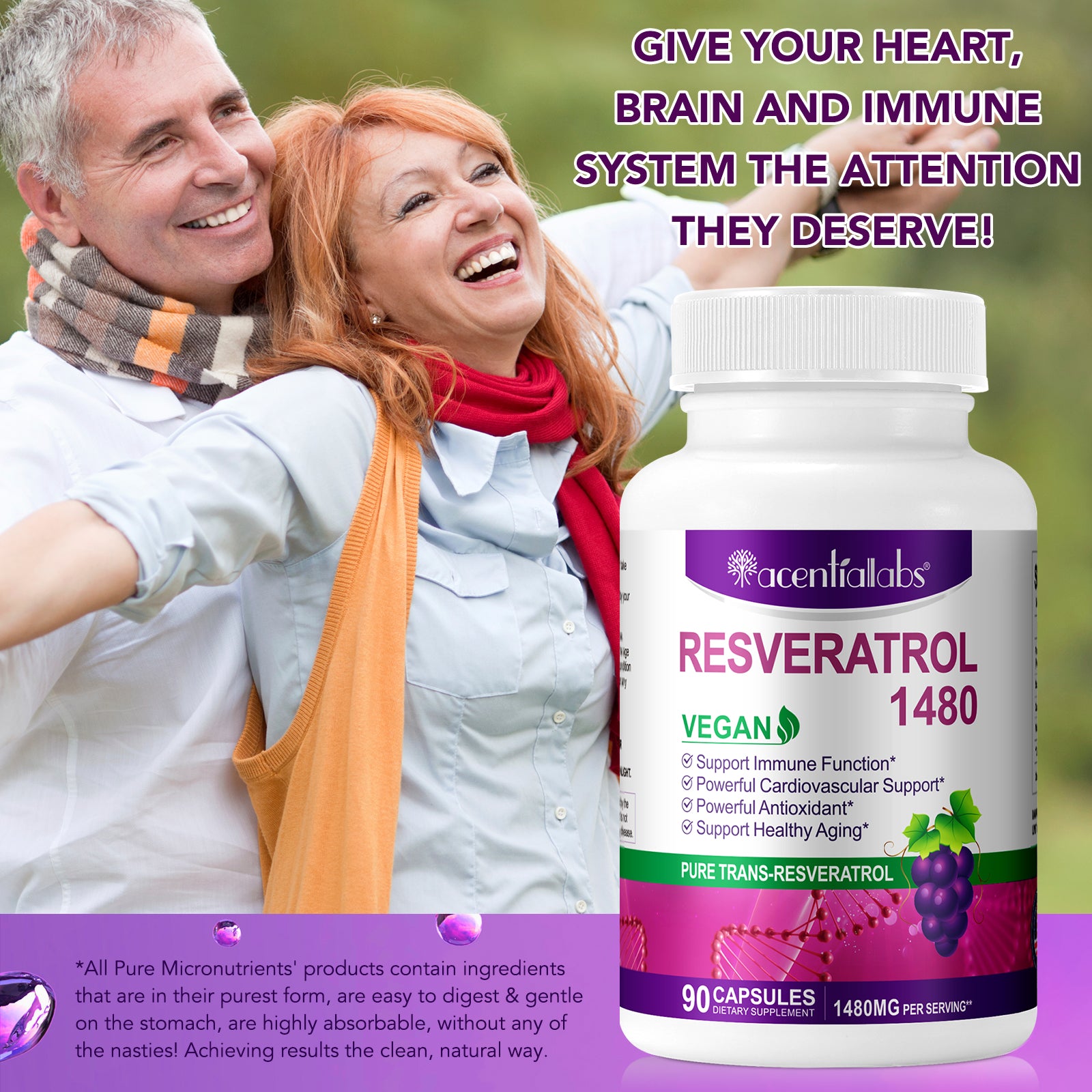 acentiallabs RESVERATROL 1480,PURE TRANS-RESVERATROL,90 CAPSULES Bottled Capsules