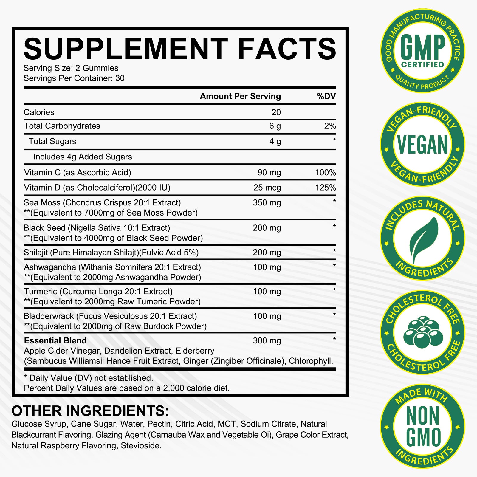 acentiallabs SEA MOSS BLACK SEED OIL ASHWAGANDHA SHILAJIT+ GINGER,17590MG,60 GUMMIES Bottled Gummies