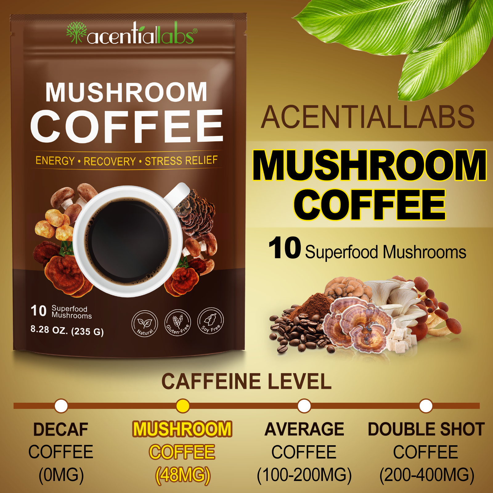 acentiallabs MUSHROOM COFFEE ，ENERGY·RECOVERY ·STRESS RELIEF，10 Superfood Mushrooms，Granules