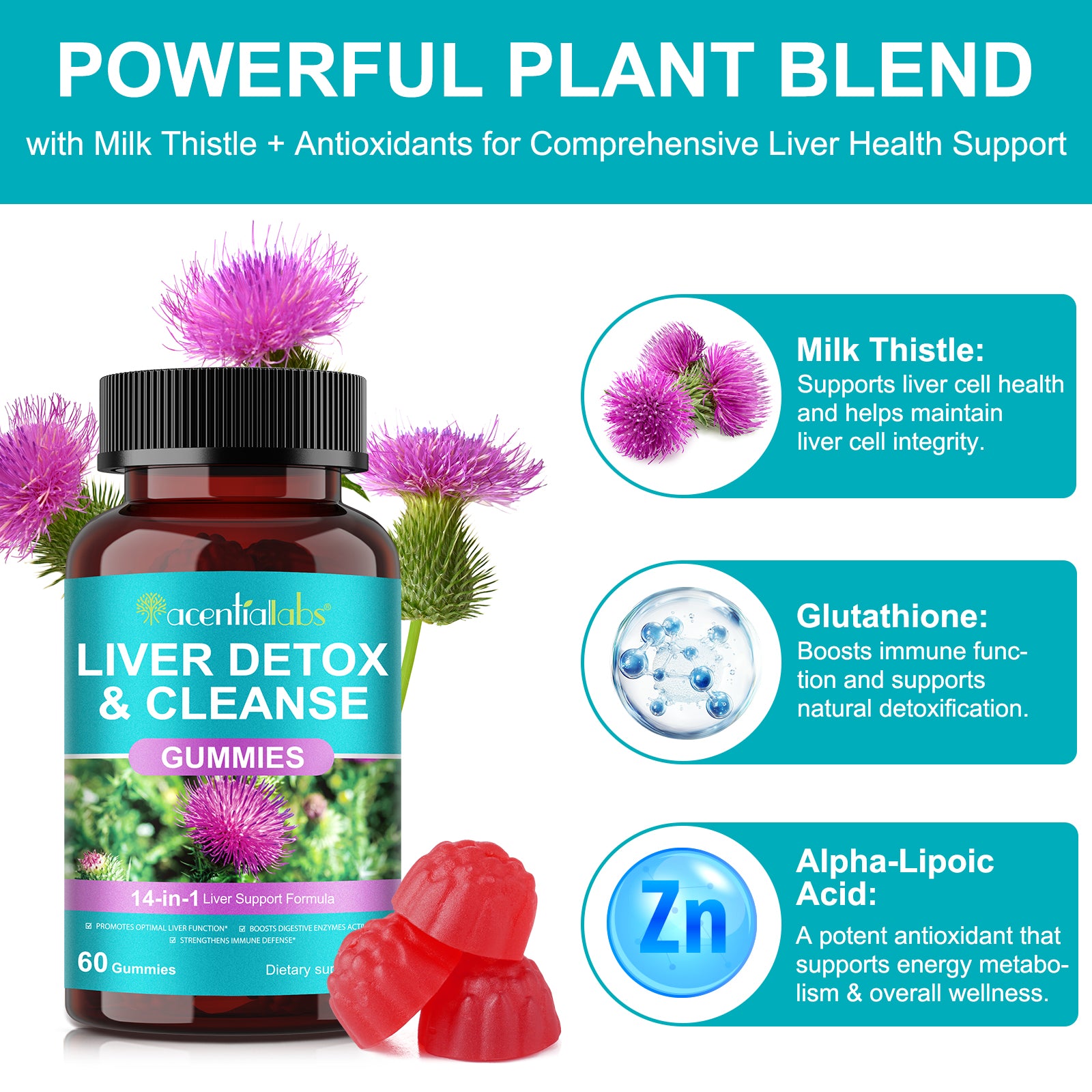 acentiallabs LIVER DETOX & CLEANSE GUMMIES 14-in-1 Liver Support Formula 60 Gummies Bottled Gummies