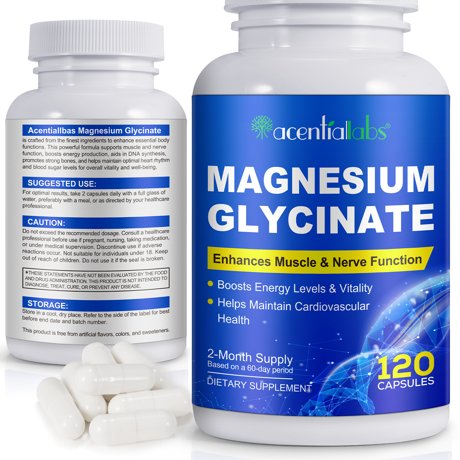 acentiallabs MAGNESIUM GLYCINATE Enhances Muscle & Nerve Function 120 CAPSULES Bottled Capsules
